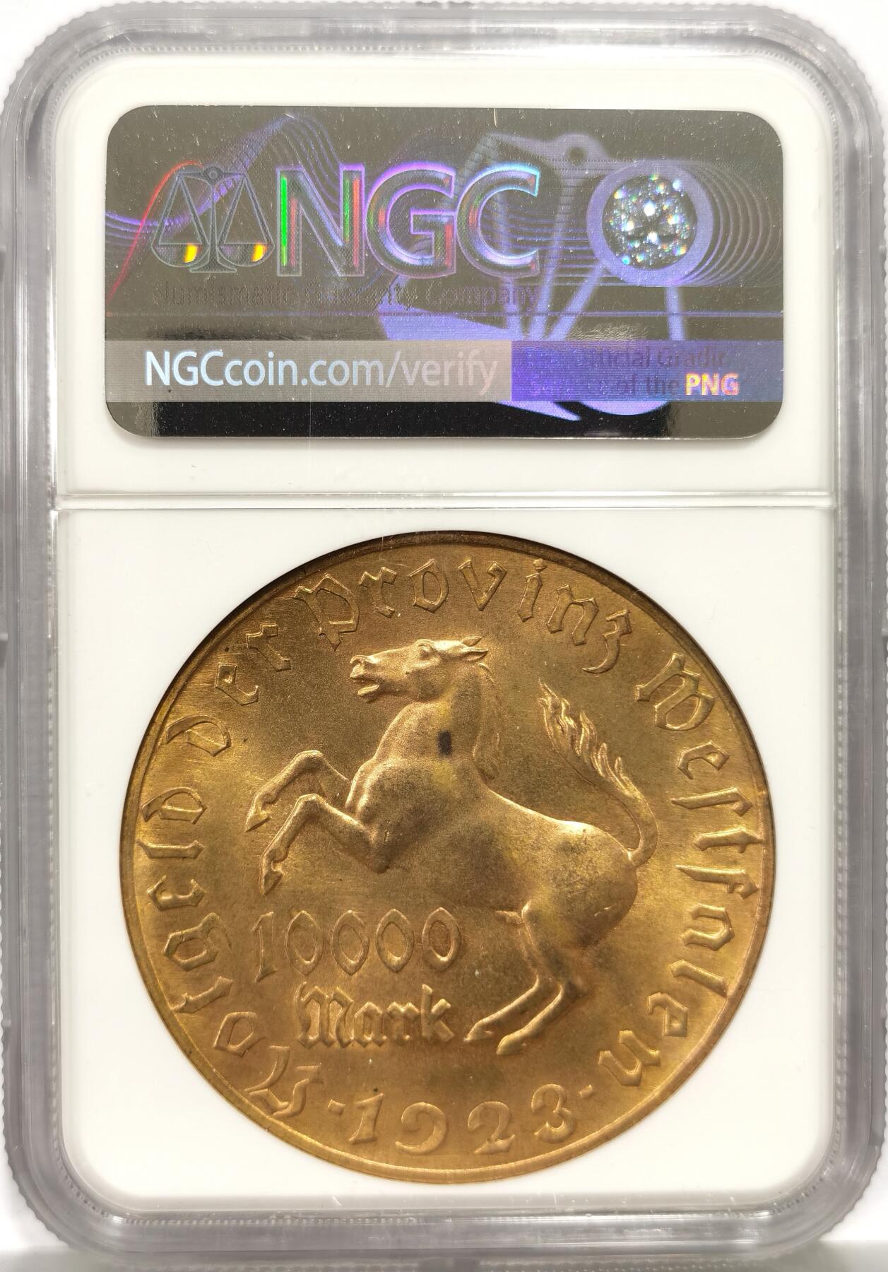 博洋堂世界钱币拍卖第157期（全场包邮） NGC MS65 德国德紧1923年威斯特法轮马币10000马克大铜币，窄边版