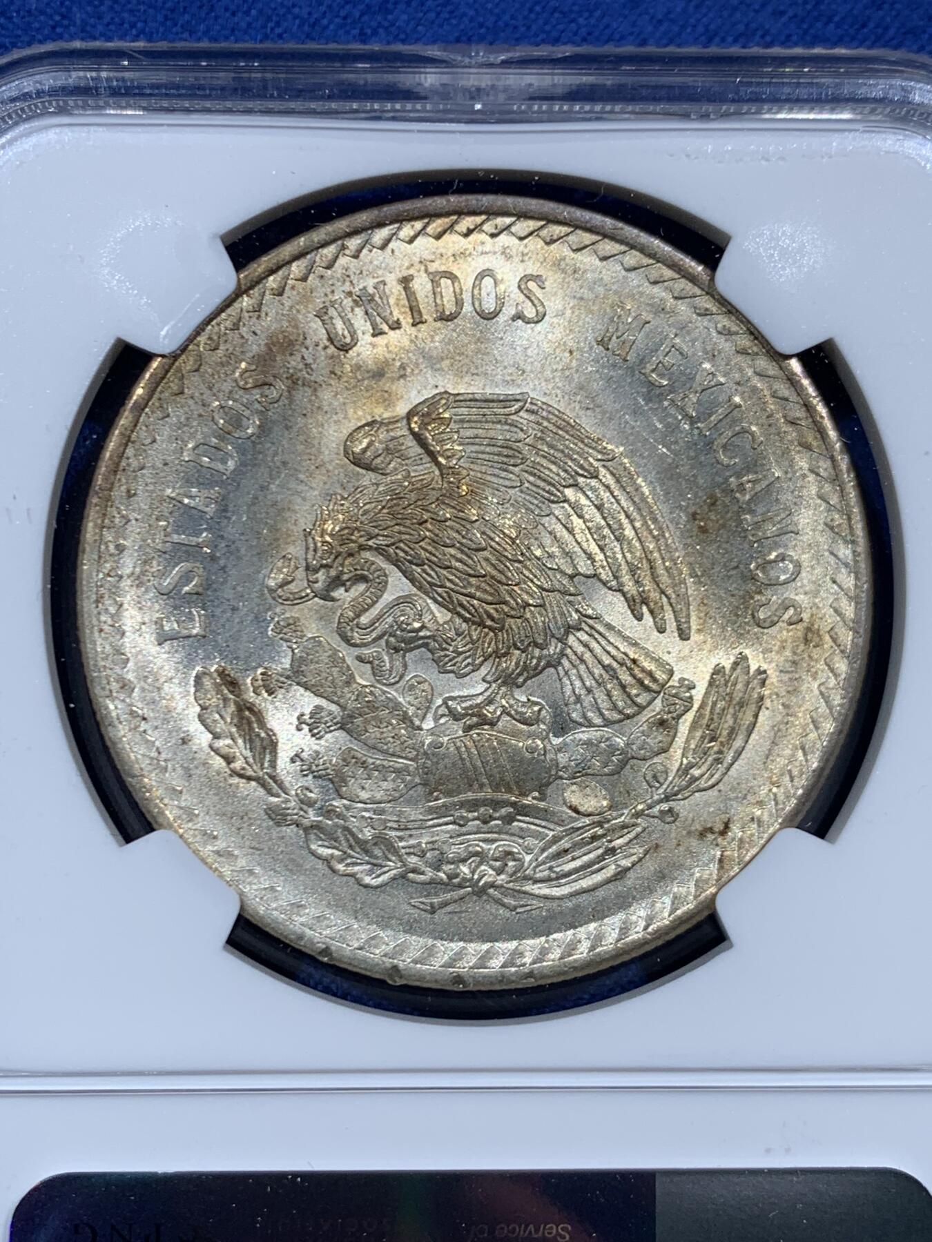 《竞宝斋》第457场 周日，周一，周二   3场连拍 （全场包邮）欢迎送拍 NGC MS63 墨西哥1948年5比索酋长大银币