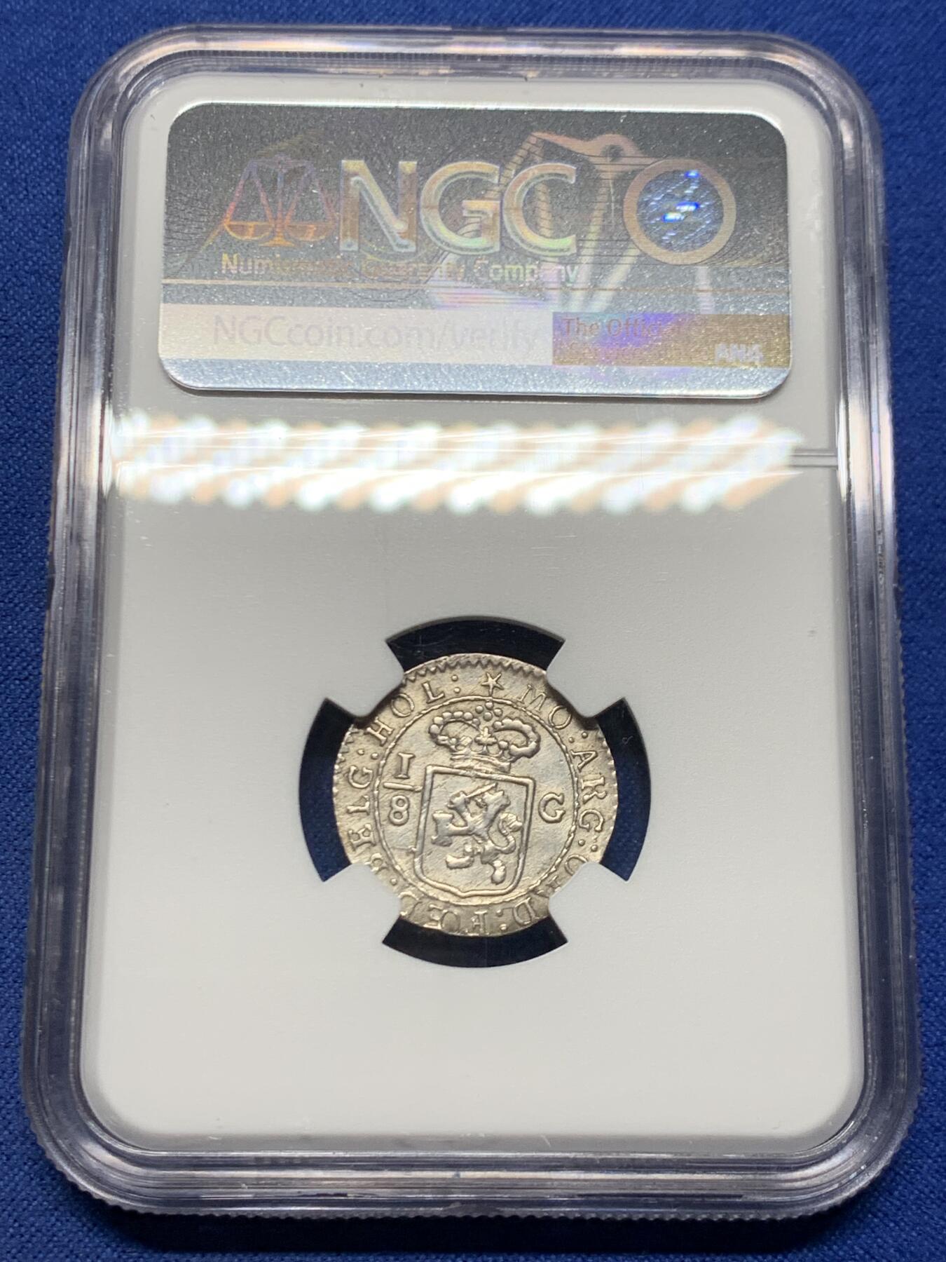 《竞宝斋》第457场 周日，周一，周二   3场连拍 （全场包邮）欢迎送拍 NGC AU 荷属东印度群岛1802年巴达维亚共和国（1800-1806）1/8古尔登 银币