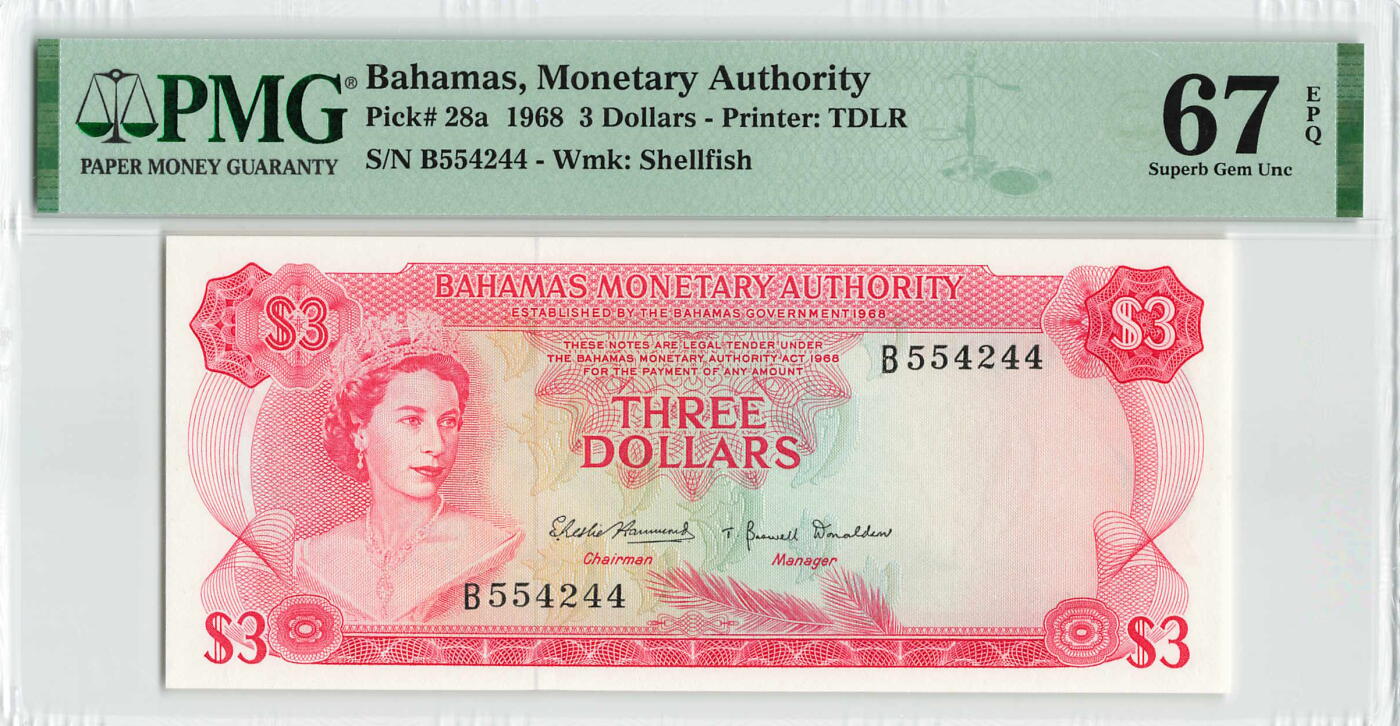 小福收藏拍卖第200期 【庆典场 中拍就有好礼相赠】评级币精选场 本期有捷克斯洛伐克20年100克朗慕夏作品大珍 69分倒置百位号布隆迪世界最大纸币  35年版加拿大经典 苏格兰格拉斯哥大学500年纪念钞倒置小号 卡塔尔80年100里亚尔冠军分 美国教育券 意大利拉斐尔 乌克兰 库克群岛 墨西哥 南斯拉夫 亚美尼亚等多国精美高分珍稀老钞精品纸币 巴哈马 1968年 3元 彩背 数3 双尾 PMG67 EPQ 季军分