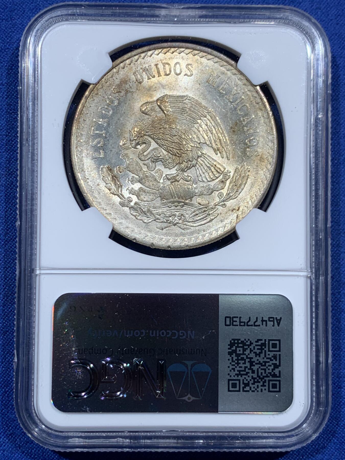 《竞宝斋》第457场 周日，周一，周二   3场连拍 （全场包邮）欢迎送拍 NGC MS63 墨西哥1948年5比索酋长大银币