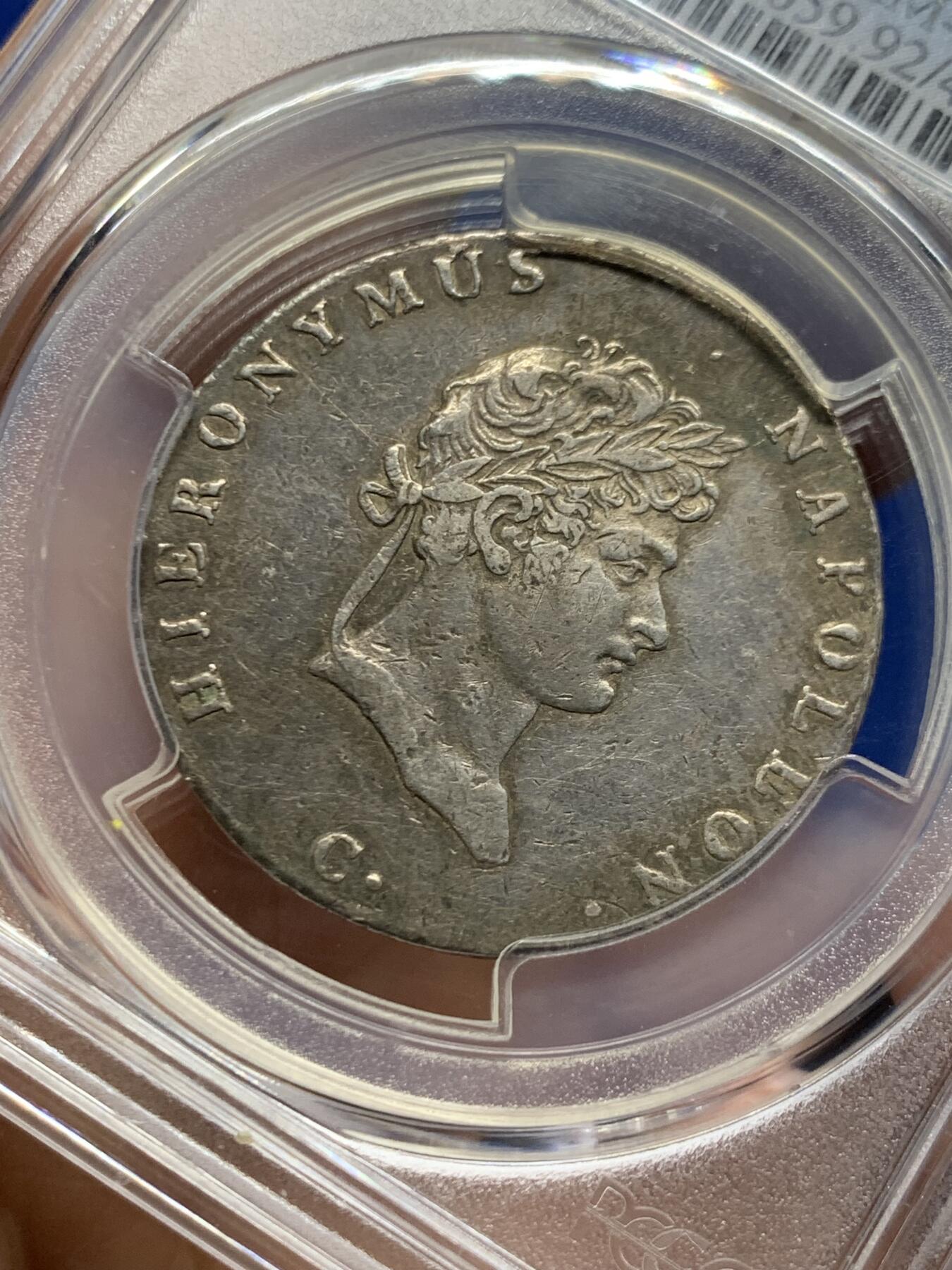 《竞宝斋》第457场 周日，周一，周二   3场连拍 （全场包邮）欢迎送拍 PCGS XFD 威斯特伐利亚王国 1811年-C版 2/3泰勒 银币 拿破仑为其幼弟热罗姆建立的短命政权 非常稀少的拿系币品种