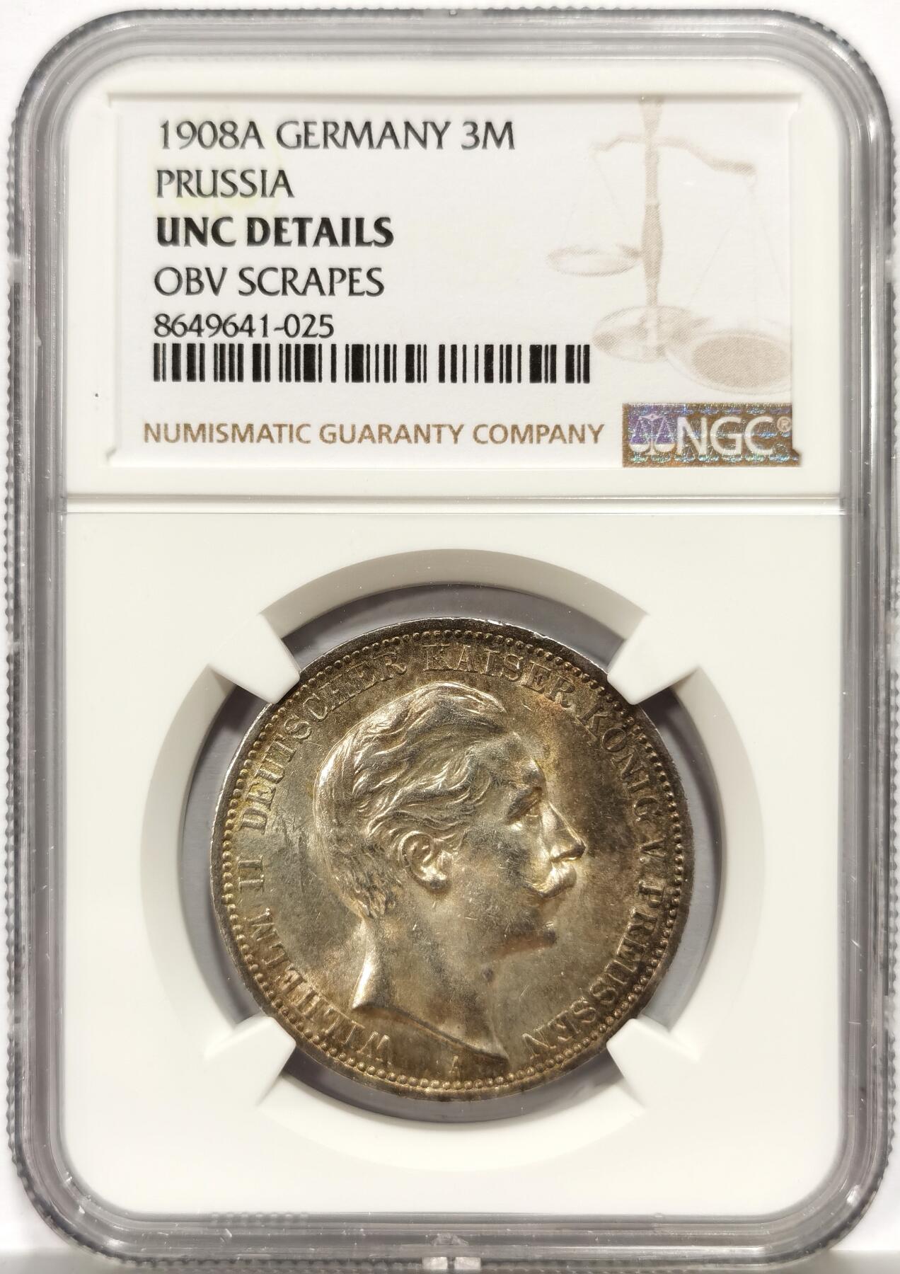 博洋堂世界钱币拍卖第157期（全场包邮） NGC UNC 德国普鲁士1908年威廉二世流通3马克银币