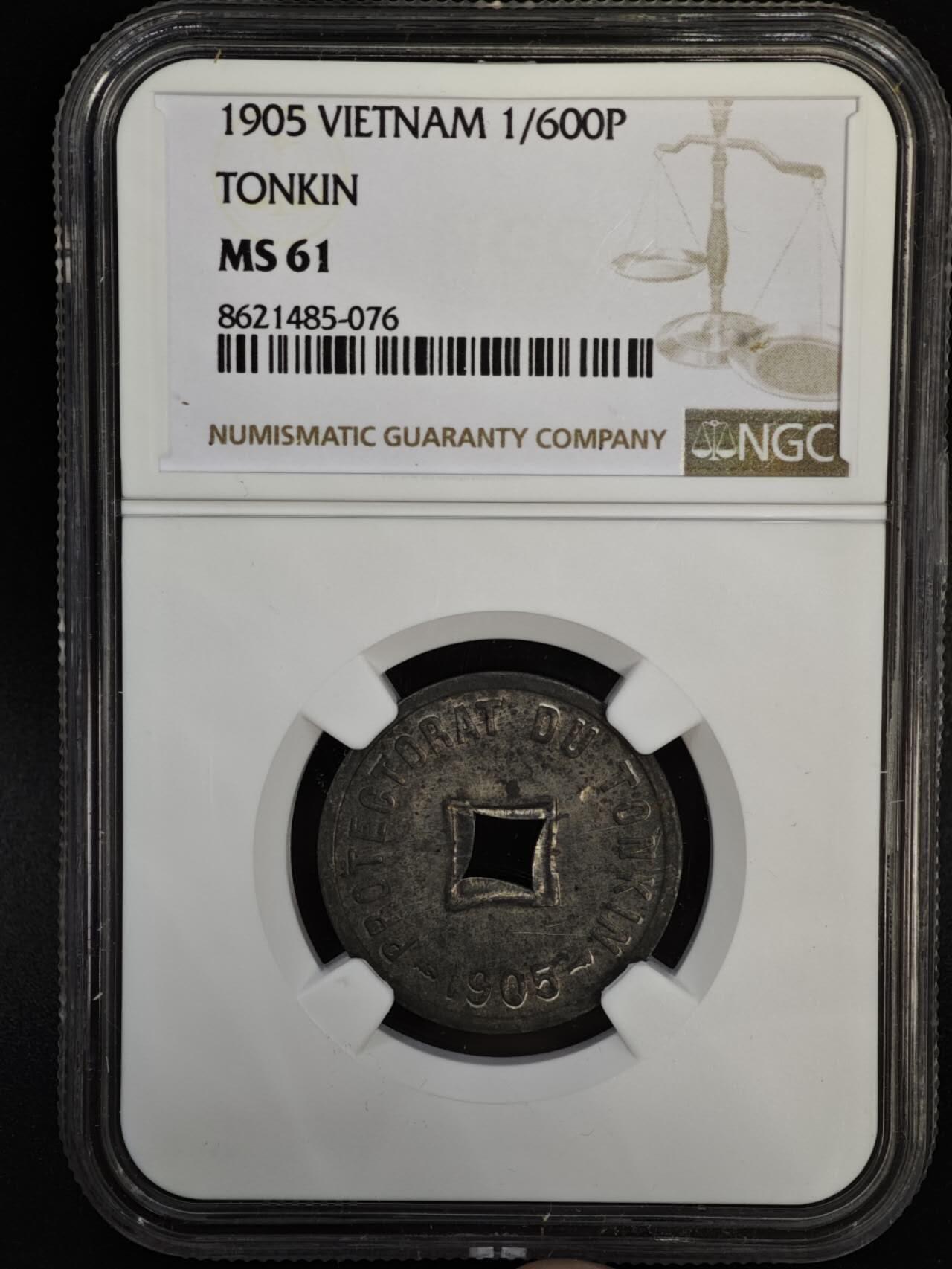 【淘币小摊】实时拍第八百四十七拍   银币套币场   满百包邮可预留二周 每周一统一发货   法属东京湾1905年六百分之一锌币 NGC MS61