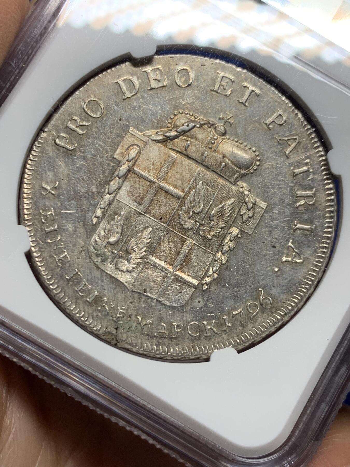 《竞宝斋》第457场 周日，周一，周二   3场连拍 （全场包邮）欢迎送拍 NGC MS61 神圣罗马帝国时期1796年富尔达1泰勒银币，位于黑森州富尔达天主数区自治领地，人像为大主教网达尔伯特冯·哈斯塔尔，底板状态和光度都不错，略有低评，也是神罗系列中值得收藏的品种之一