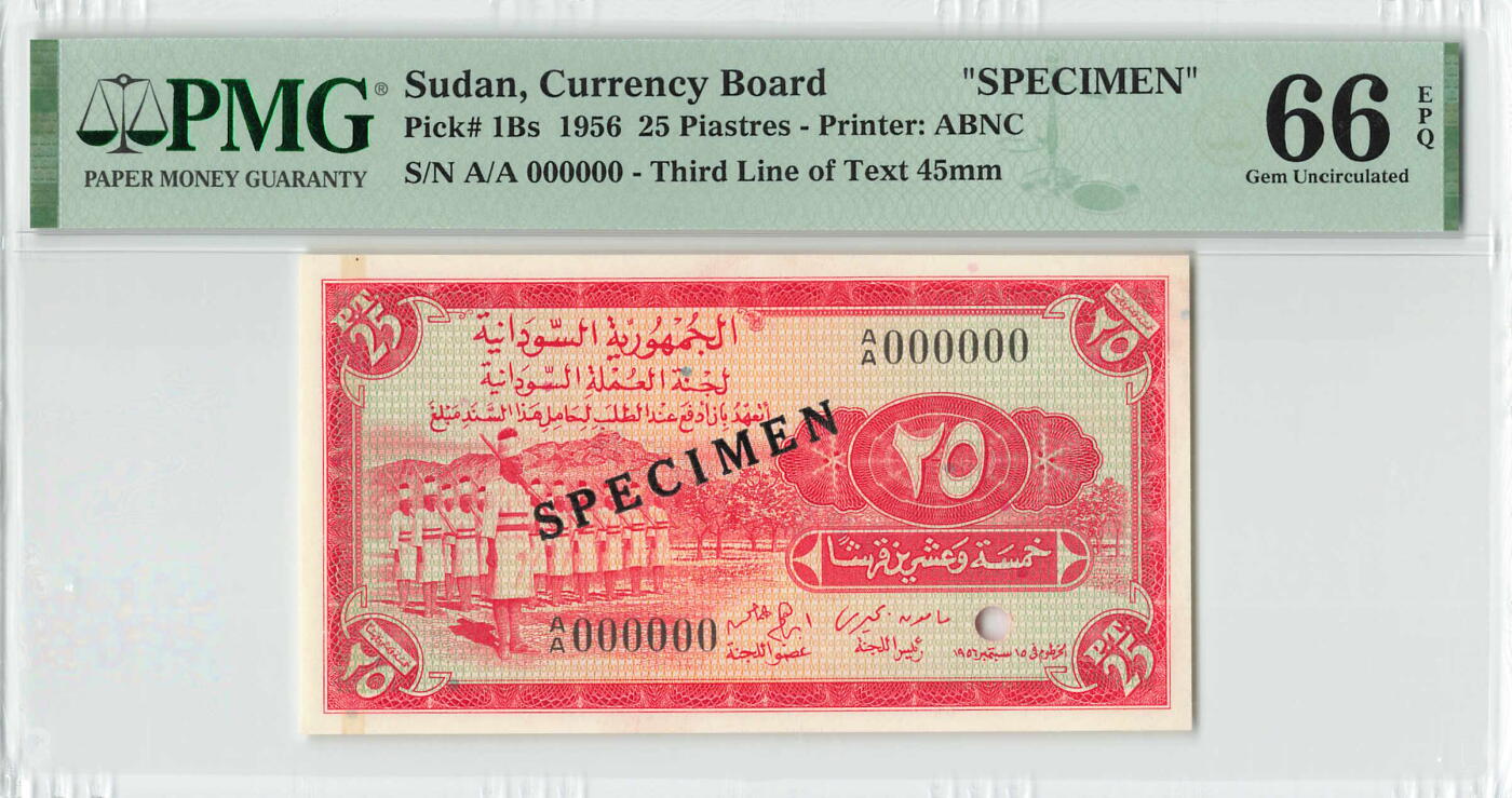 小福收藏拍卖第200期 【庆典场 中拍就有好礼相赠】评级币精选场 本期有捷克斯洛伐克20年100克朗慕夏作品大珍 69分倒置百位号布隆迪世界最大纸币  35年版加拿大经典 苏格兰格拉斯哥大学500年纪念钞倒置小号 卡塔尔80年100里亚尔冠军分 美国教育券 意大利拉斐尔 乌克兰 库克群岛 墨西哥 南斯拉夫 亚美尼亚等多国精美高分珍稀老钞精品纸币 苏丹 1956年 25皮阿斯特 样钞 A/A PMG66 EPQ 冠军分！！！