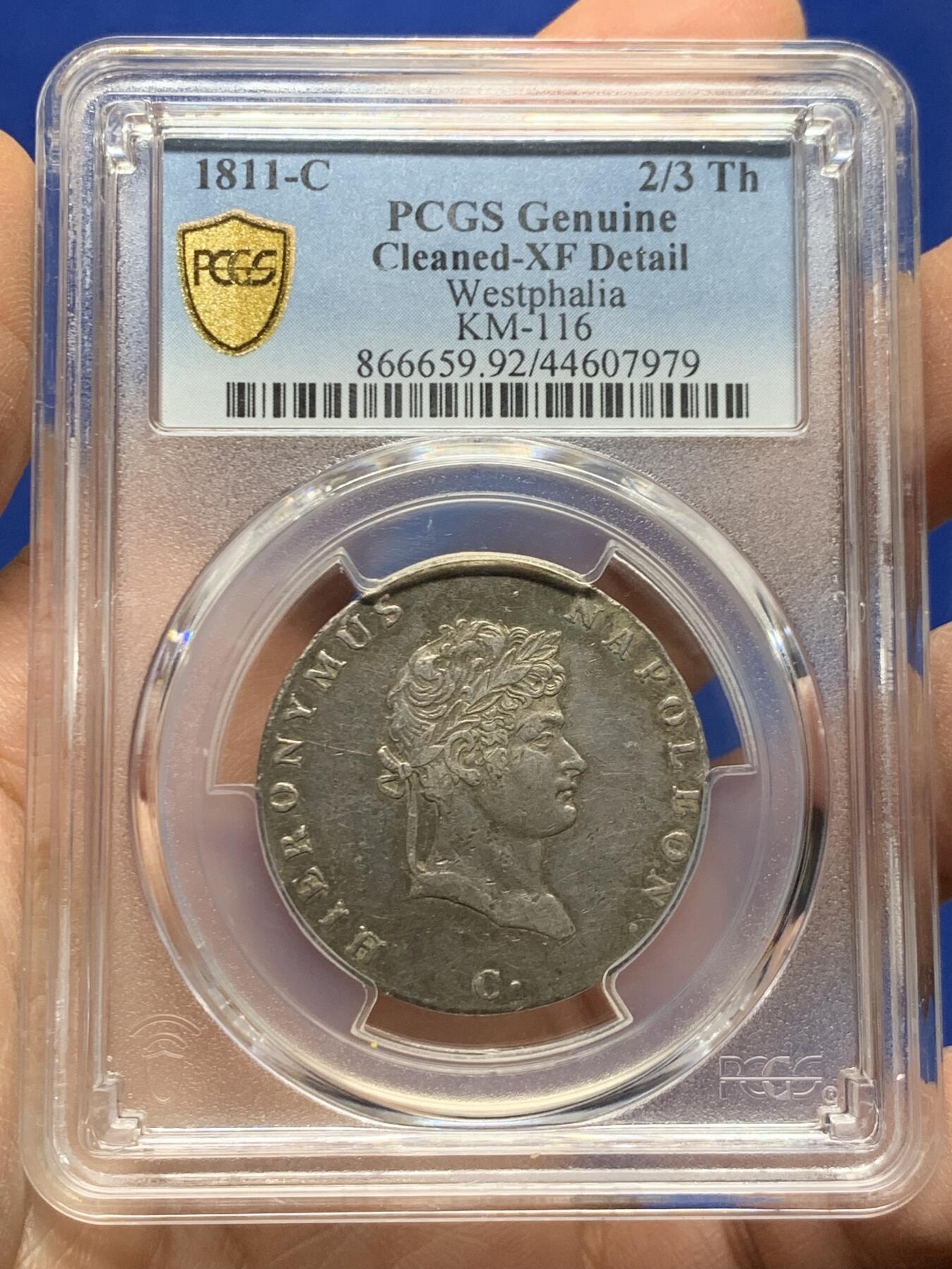 《竞宝斋》第457场 周日，周一，周二   3场连拍 （全场包邮）欢迎送拍 PCGS XFD 威斯特伐利亚王国 1811年-C版 2/3泰勒 银币 拿破仑为其幼弟热罗姆建立的短命政权 非常稀少的拿系币品种