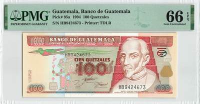 小福收藏拍卖第200期 【庆典场 中拍就有好礼相赠】评级币精选场 本期有捷克斯洛伐克20年100克朗慕夏作品大珍 69分倒置百位号布隆迪世界最大纸币  35年版加拿大经典 苏格兰格拉斯哥大学500年纪念钞倒置小号 卡塔尔80年100里亚尔冠军分 美国教育券 意大利拉斐尔 乌克兰 库克群岛 墨西哥 南斯拉夫 亚美尼亚等多国精美高分珍稀老钞精品纸币 - 危地马拉 1994年 100格查尔 首发年 PMG66 EPQ 唯2亚军分（冠军分仅1枚）