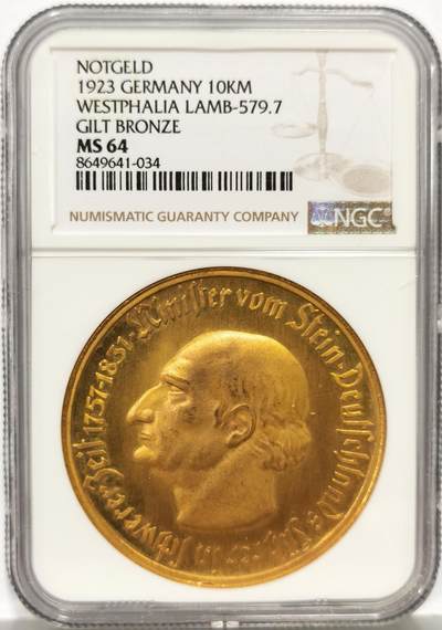 博洋堂世界钱币拍卖第157期（全场包邮） - NGC MS64 德国德紧1923年威斯特法轮马币10000马克大铜币，宽边版