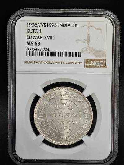 【淘币小摊】实时拍第八百四十七拍   银币套币场   满百包邮可预留二周 每周一统一发货   - 印度1936年卡其邦5K银币 NGC MS63