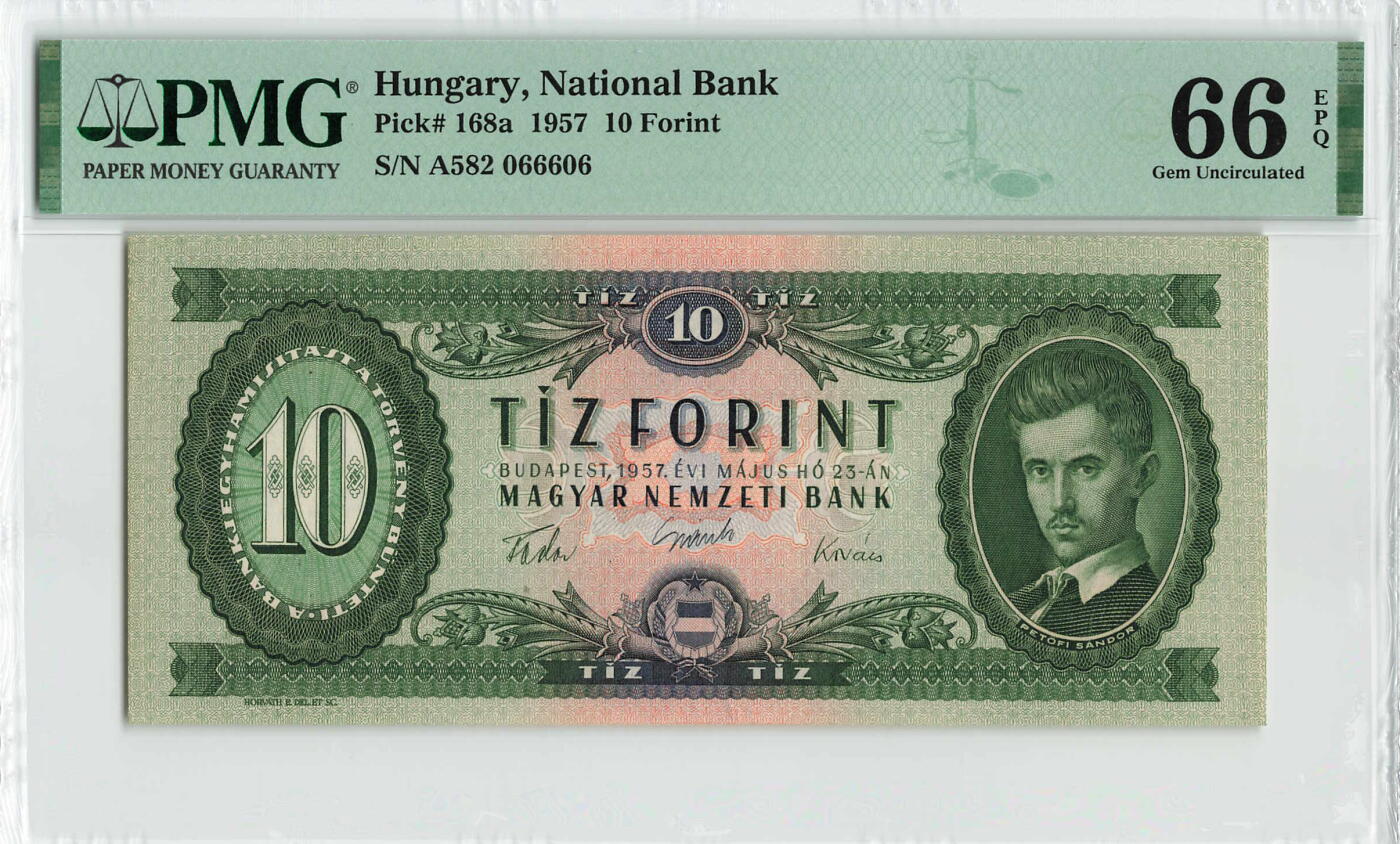 小福收藏拍卖第200期 【庆典场 中拍就有好礼相赠】评级币精选场 本期有捷克斯洛伐克20年100克朗慕夏作品大珍 69分倒置百位号布隆迪世界最大纸币  35年版加拿大经典 苏格兰格拉斯哥大学500年纪念钞倒置小号 卡塔尔80年100里亚尔冠军分 美国教育券 意大利拉斐尔 乌克兰 库克群岛 墨西哥 南斯拉夫 亚美尼亚等多国精美高分珍稀老钞精品纸币 匈牙利 1957年 10福林 a版 首年份 Sándor Petőfi罕见签名 A冠 数2 倒置靓号066606 PMG66 EPQ 亚军分（冠军分仅1枚）