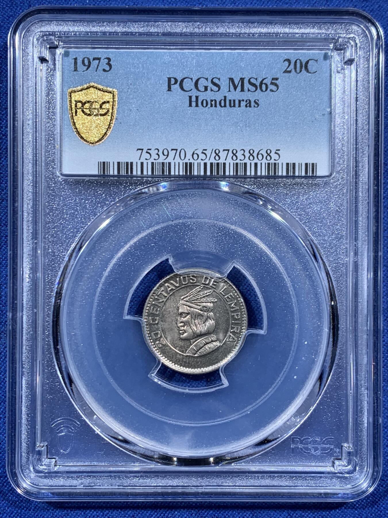 《竞宝斋》第457场 周日，周一，周二   3场连拍 （全场包邮）欢迎送拍 PCGS MS65 洪都拉斯 1973年 20分 黄油光好状态辅币 国内少见