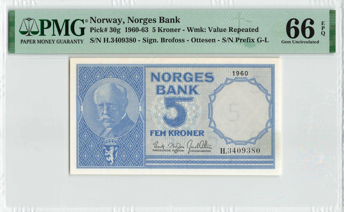 小福收藏拍卖第200期 【庆典场 中拍就有好礼相赠】评级币精选场 本期有捷克斯洛伐克20年100克朗慕夏作品大珍 69分倒置百位号布隆迪世界最大纸币  35年版加拿大经典 苏格兰格拉斯哥大学500年纪念钞倒置小号 卡塔尔80年100里亚尔冠军分 美国教育券 意大利拉斐尔 乌克兰 库克群岛 墨西哥 南斯拉夫 亚美尼亚等多国精美高分珍稀老钞精品纸币 挪威 1960年 5克朗 PMG66 EPQ  