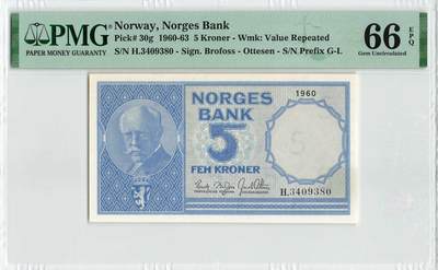 小福收藏拍卖第200期 【庆典场 中拍就有好礼相赠】评级币精选场 本期有捷克斯洛伐克20年100克朗慕夏作品大珍 69分倒置百位号布隆迪世界最大纸币  35年版加拿大经典 苏格兰格拉斯哥大学500年纪念钞倒置小号 卡塔尔80年100里亚尔冠军分 美国教育券 意大利拉斐尔 乌克兰 库克群岛 墨西哥 南斯拉夫 亚美尼亚等多国精美高分珍稀老钞精品纸币 - 挪威 1960年 5克朗 PMG66 EPQ  