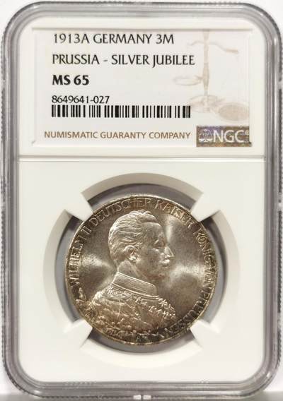 博洋堂世界钱币拍卖第157期（全场包邮） - NGC MS65 德国普鲁士1913年威廉二世军装3马克银币，高分一步到位