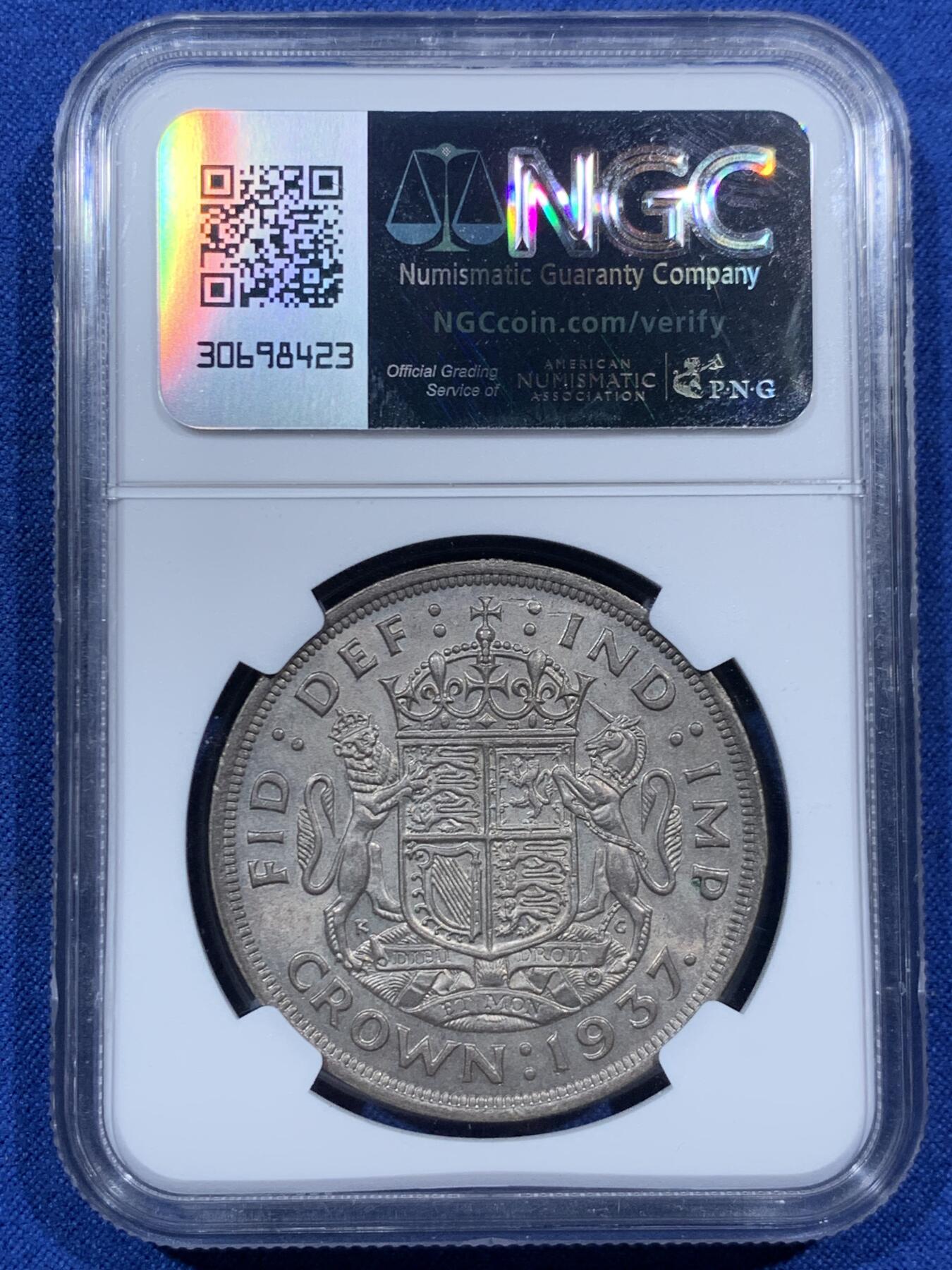 《竞宝斋》第457场 周日，周一，周二   3场连拍 （全场包邮）欢迎送拍 NGC MS63 英国1937年乔治六世登基1克朗银币，原汁原味老包浆。