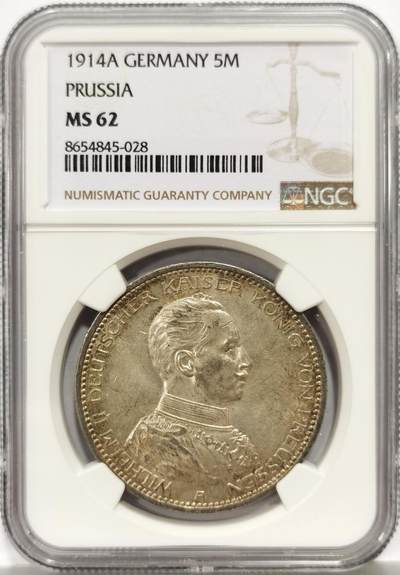 博洋堂世界钱币拍卖第157期（全场包邮） - NGC MS62 德国普鲁士1914年威廉二世军装5马克银币