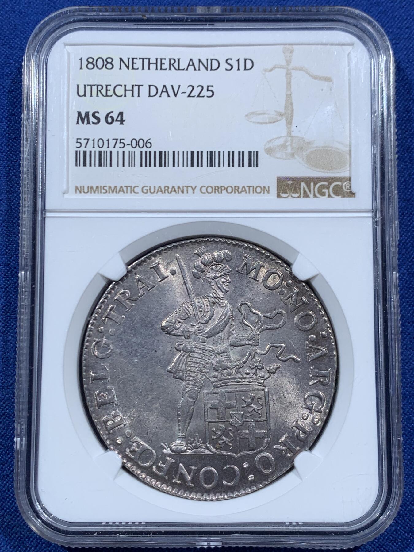《竞宝斋》第457场 周日，周一，周二   3场连拍 （全场包邮）欢迎送拍 NGC MS64 荷兰 1808年 乌特勒支 1杜卡特 武士银币 打制细腻 值得入藏 2023年17000成交
