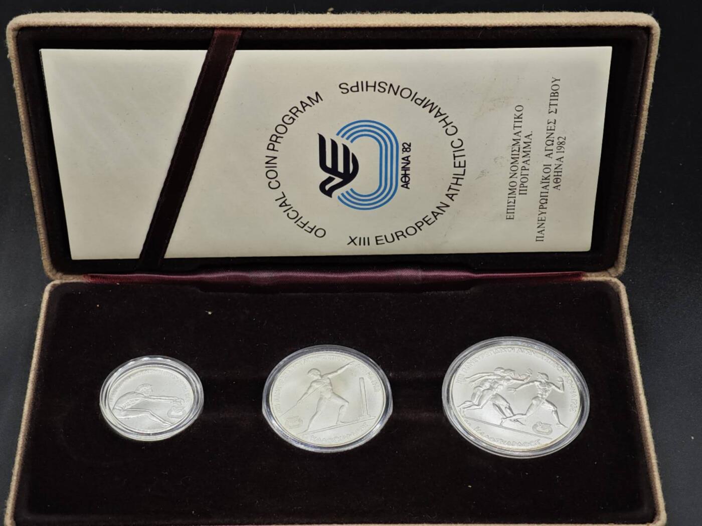 【淘币小摊】实时拍第八百四十七拍   银币套币场   满百包邮可预留二周 每周一统一发货   1981年希腊100/250/500德拉克马普制非流通银币套 82年泛欧运动会-跳远，标枪，接力 49.1克900银 银价840