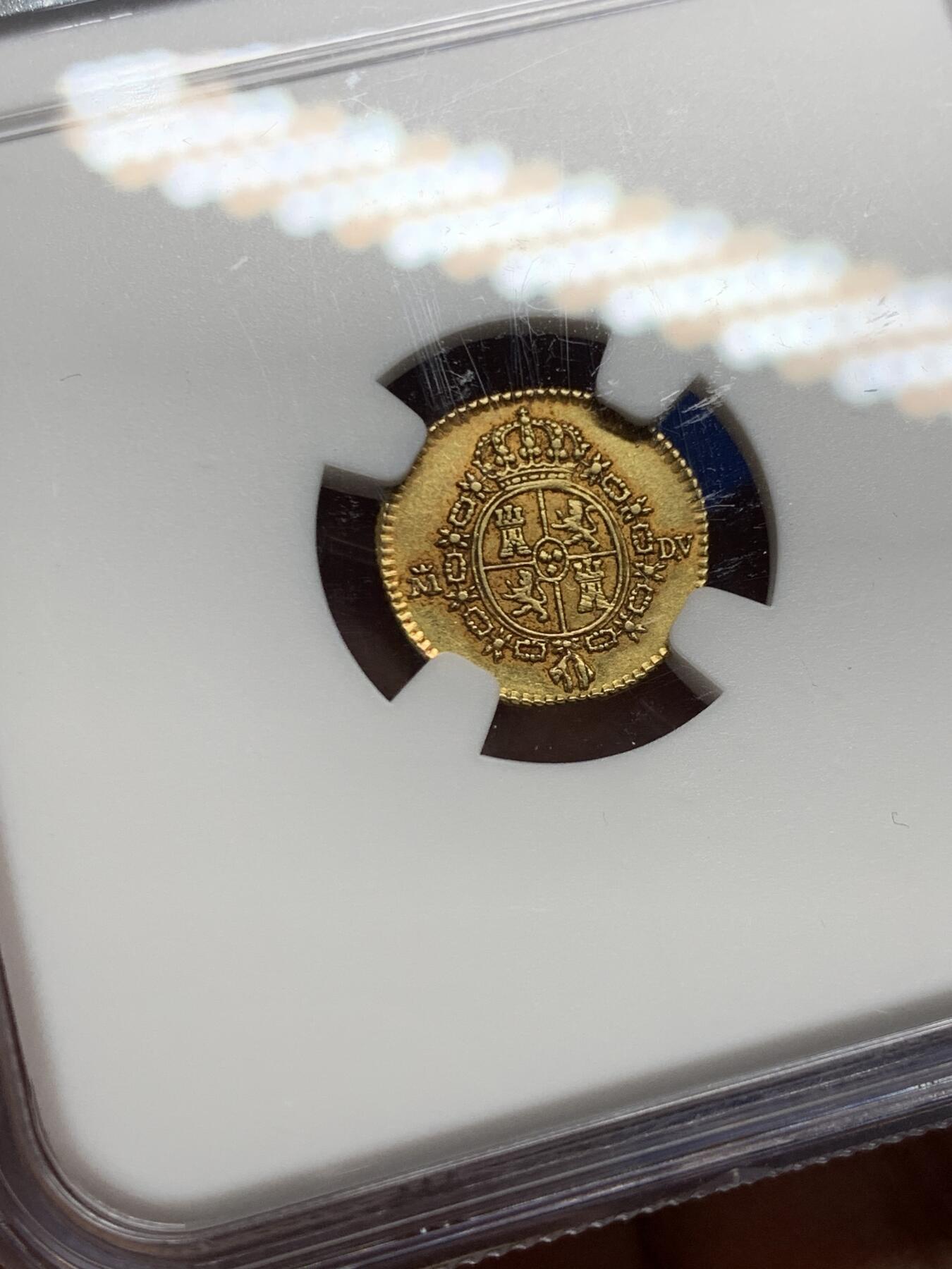 《竞宝斋》第457场 周日，周一，周二   3场连拍 （全场包邮）欢迎送拍 NGC AU55 西班牙1786年卡洛斯三世1/2埃斯库多金币 875金 1.69克 15mm 深打好品底板带光