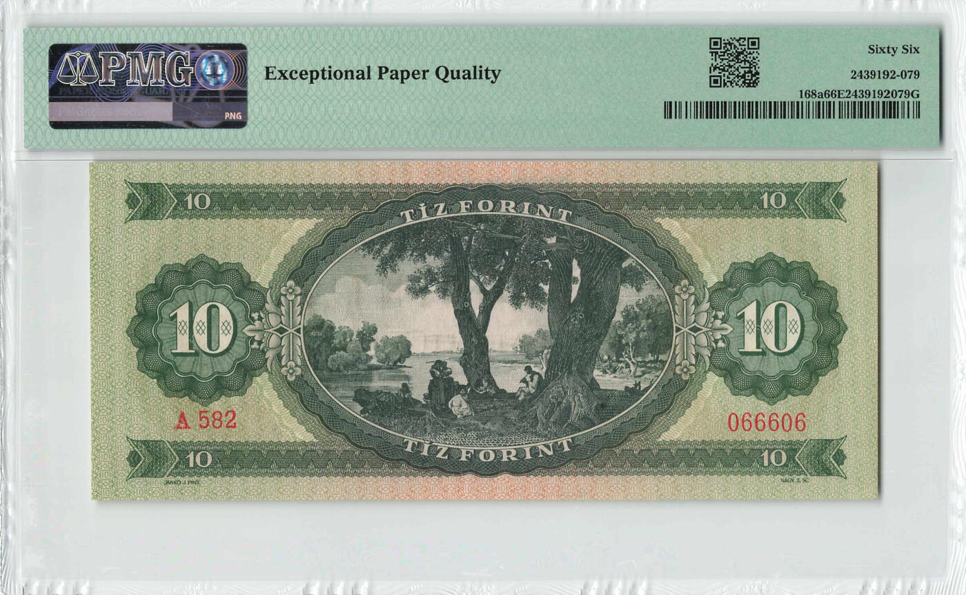 小福收藏拍卖第200期 【庆典场 中拍就有好礼相赠】评级币精选场 本期有捷克斯洛伐克20年100克朗慕夏作品大珍 69分倒置百位号布隆迪世界最大纸币  35年版加拿大经典 苏格兰格拉斯哥大学500年纪念钞倒置小号 卡塔尔80年100里亚尔冠军分 美国教育券 意大利拉斐尔 乌克兰 库克群岛 墨西哥 南斯拉夫 亚美尼亚等多国精美高分珍稀老钞精品纸币 匈牙利 1957年 10福林 a版 首年份 Sándor Petőfi罕见签名 A冠 数2 倒置靓号066606 PMG66 EPQ 亚军分（冠军分仅1枚）