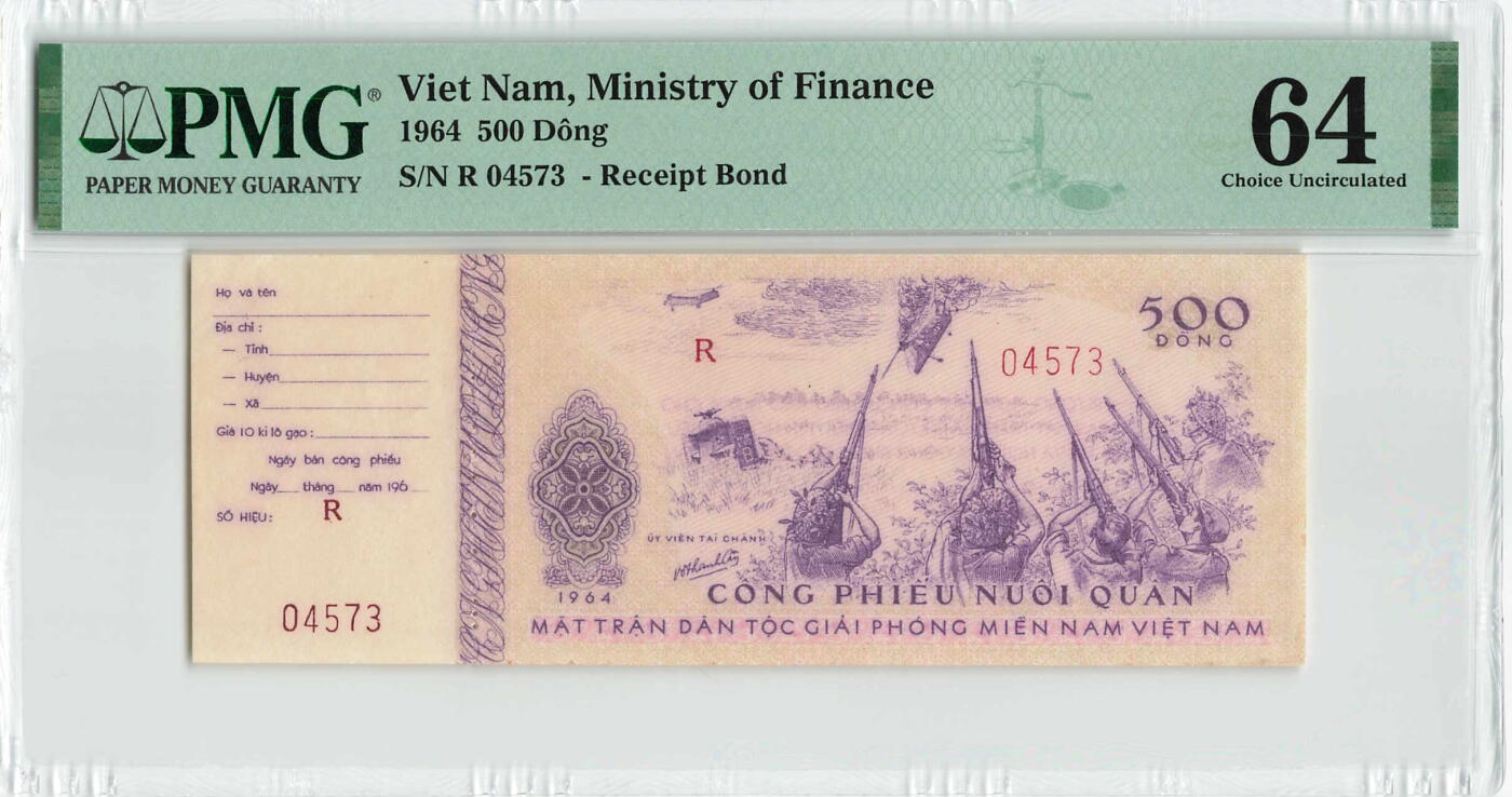 小福收藏拍卖第198期 评级币精选场  本期有菲律宾百位靓号100000比索超大纪念钞 苏里南25000盾花鸟版最高值 柬埔寨珍品56年50瑞尔 南越未发行版最高值打飞机  巴哈马彩背 老挝中国代印57年样钞 匈牙利 斯洛伐克 法罗群岛等多国精美高分珍稀老钞精品纸币 越南 1964年 500盾 财政部流通券 带存根 很少见 PMG64