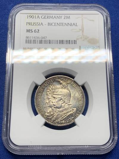 《竞宝斋》第457场 周日，周一，周二   3场连拍 （全场包邮）欢迎送拍 - NGC MS62 德国1901年普鲁士建国纪念2马克银币 黑彩包浆 比同分数白币好看很多