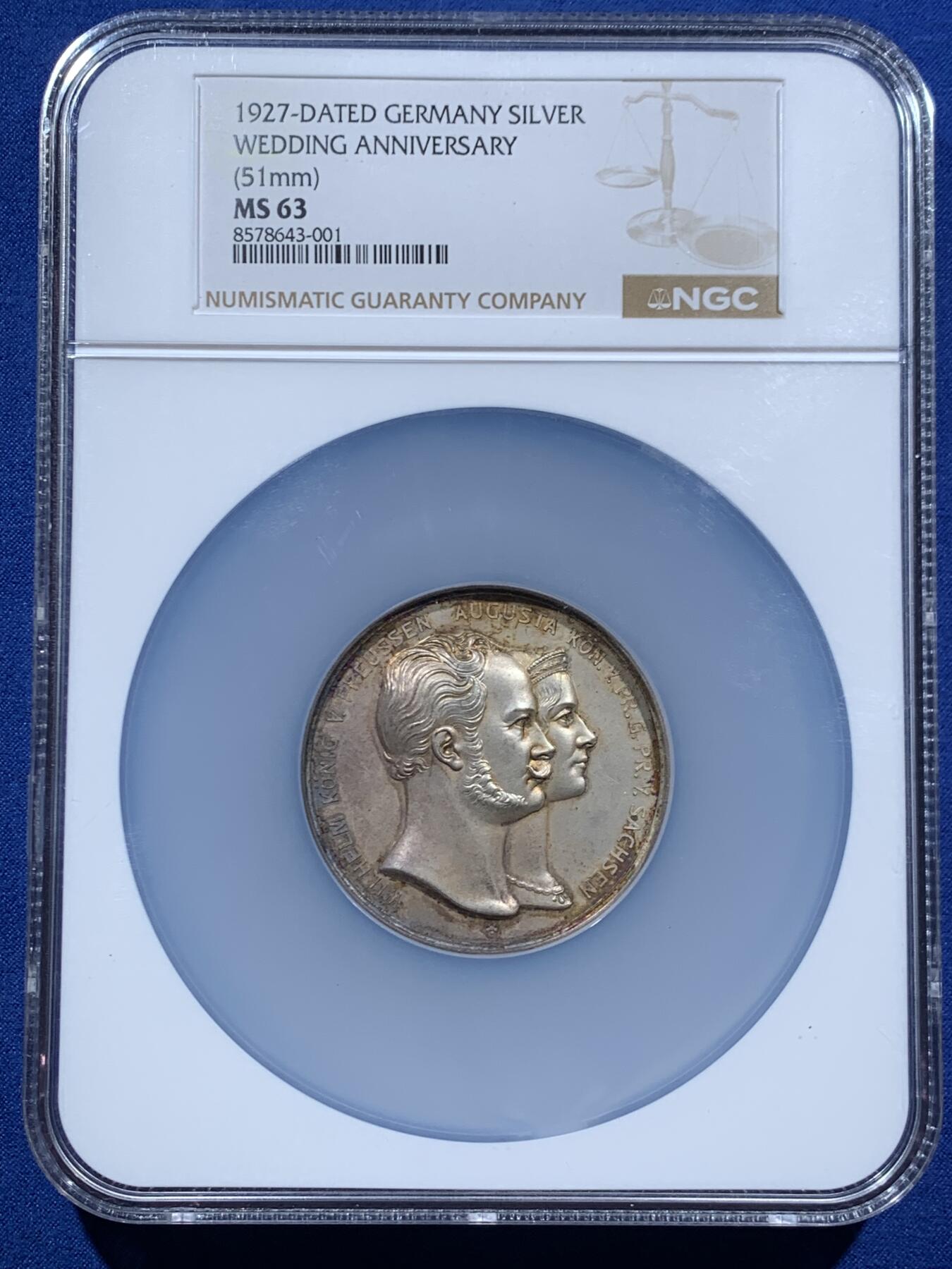 《竞宝斋》第457场 周日，周一，周二   3场连拍 （全场包邮）欢迎送拍 NGC MS63 德国1927年普鲁士威廉一世结婚纪念大银章 51mm 包浆纯美 品相状态一流 NGC加厚大盒装