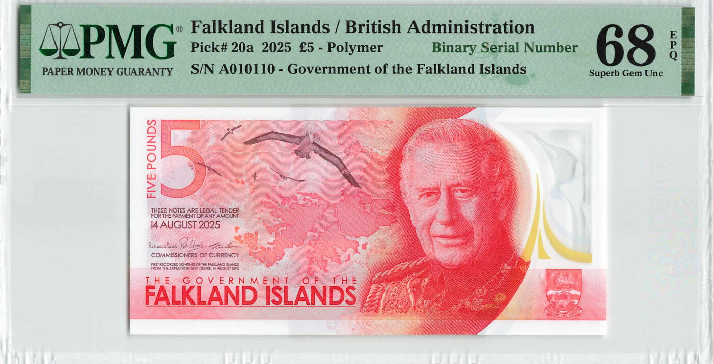 小福收藏拍卖第200期 【庆典场 中拍就有好礼相赠】评级币精选场 本期有捷克斯洛伐克20年100克朗慕夏作品大珍 69分倒置百位号布隆迪世界最大纸币  35年版加拿大经典 苏格兰格拉斯哥大学500年纪念钞倒置小号 卡塔尔80年100里亚尔冠军分 美国教育券 意大利拉斐尔 乌克兰 库克群岛 墨西哥 南斯拉夫 亚美尼亚等多国精美高分珍稀老钞精品纸币 福克兰 2025年 5镑 塑料钞 A冠 二进制号010110 有标注 PMG68 EPQ 季军分