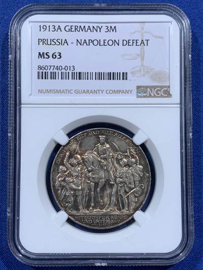 《竞宝斋》第457场 周日，周一，周二   3场连拍 （全场包邮）欢迎送拍 - NGC MS63 德国普鲁士1913年战胜拿破仑纪念3马克银币 五彩包浆