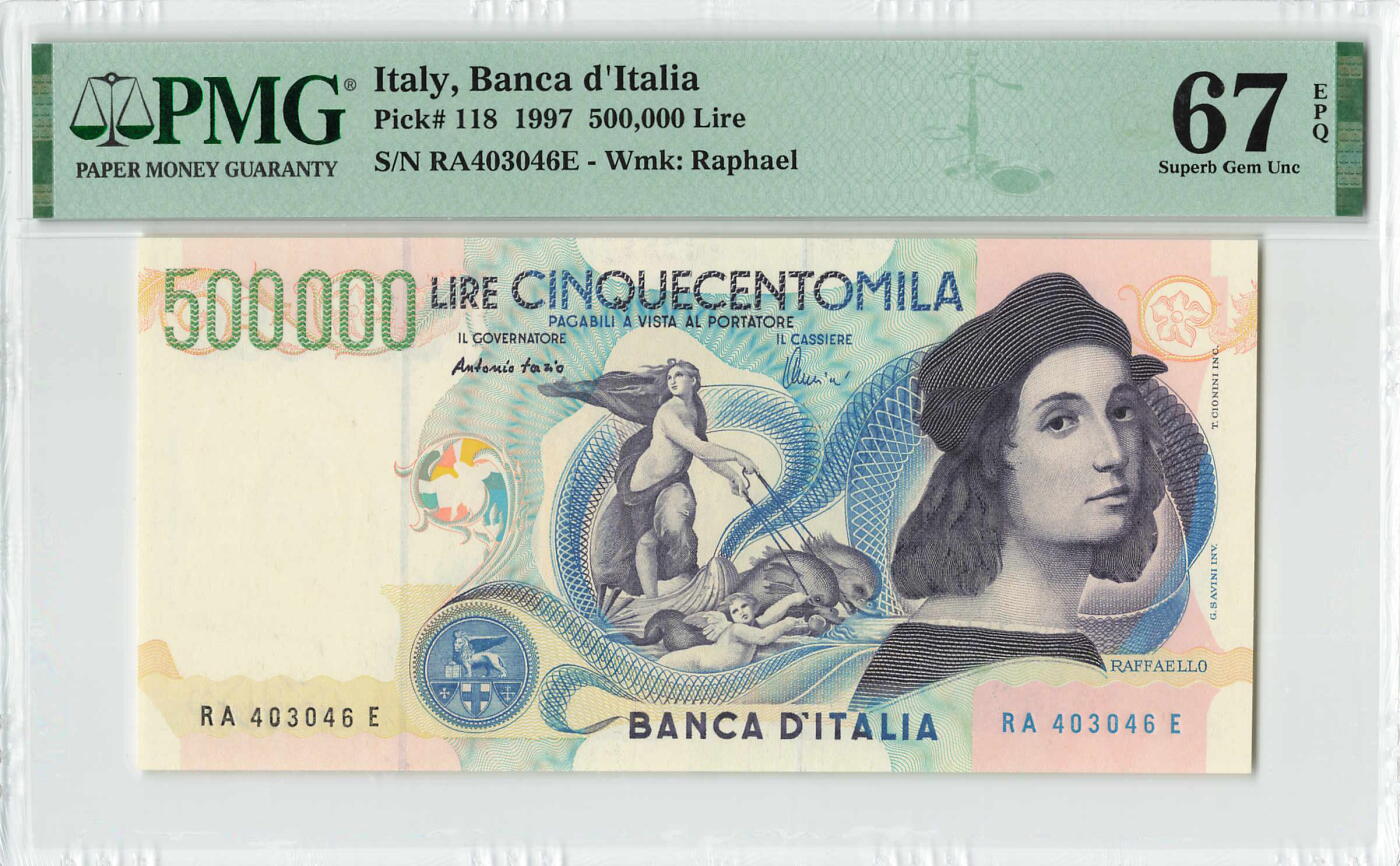 小福收藏拍卖第198期 评级币精选场  本期有菲律宾百位靓号100000比索超大纪念钞 苏里南25000盾花鸟版最高值 柬埔寨珍品56年50瑞尔 南越未发行版最高值打飞机  巴哈马彩背 老挝中国代印57年样钞 匈牙利 斯洛伐克 法罗群岛等多国精美高分珍稀老钞精品纸币 意大利 1997年 500000里拉 拉斐尔 PMG67 EPQ