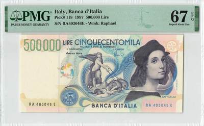 小福收藏拍卖第198期 评级币精选场  本期有菲律宾百位靓号100000比索超大纪念钞 苏里南25000盾花鸟版最高值 柬埔寨珍品56年50瑞尔 南越未发行版最高值打飞机  巴哈马彩背 老挝中国代印57年样钞 匈牙利 斯洛伐克 法罗群岛等多国精美高分珍稀老钞精品纸币 - 意大利 1997年 500000里拉 拉斐尔 PMG67 EPQ