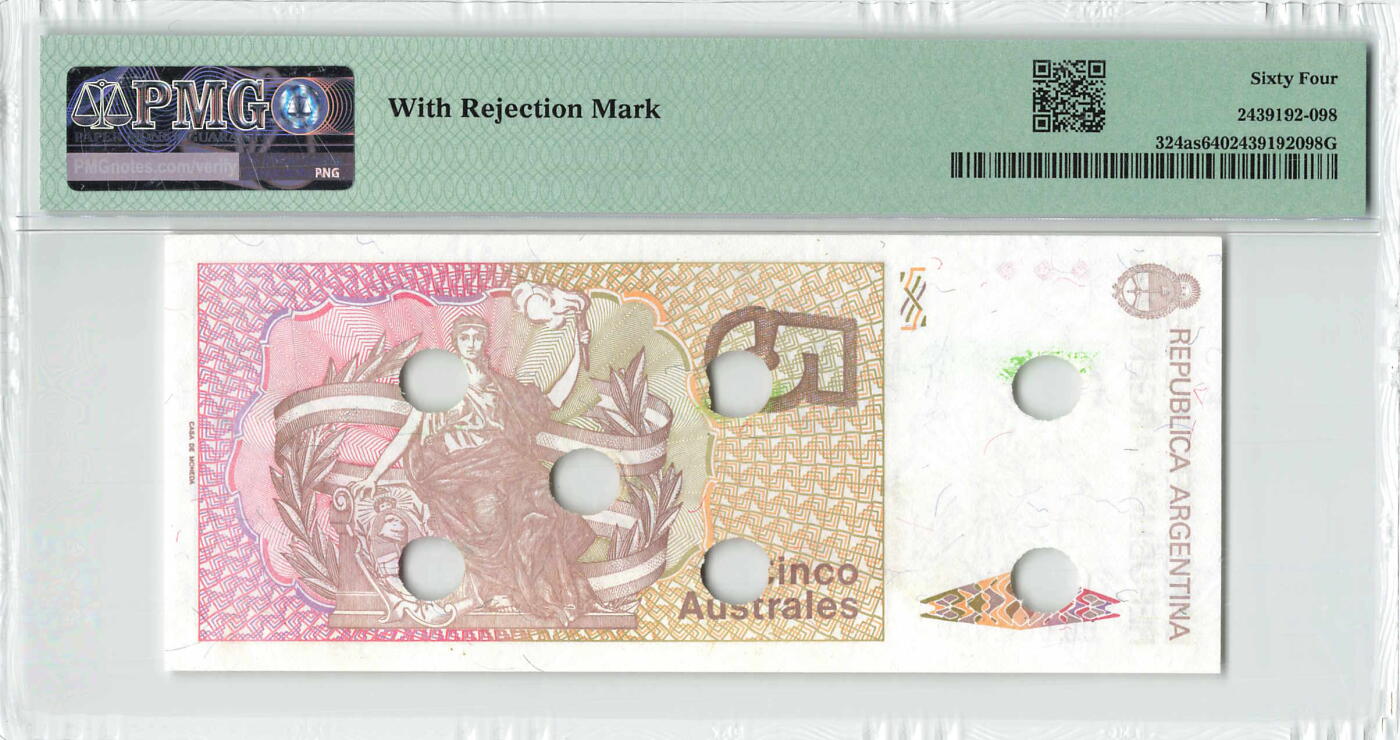 小福收藏拍卖第200期 【庆典场 中拍就有好礼相赠】评级币精选场 本期有捷克斯洛伐克20年100克朗慕夏作品大珍 69分倒置百位号布隆迪世界最大纸币  35年版加拿大经典 苏格兰格拉斯哥大学500年纪念钞倒置小号 卡塔尔80年100里亚尔冠军分 美国教育券 意大利拉斐尔 乌克兰 库克群岛 墨西哥 南斯拉夫 亚美尼亚等多国精美高分珍稀老钞精品纸币 阿根廷 1985-891年 5奥斯特 样钞 PMG64 唯1冠军分！！！（唯1评级币）