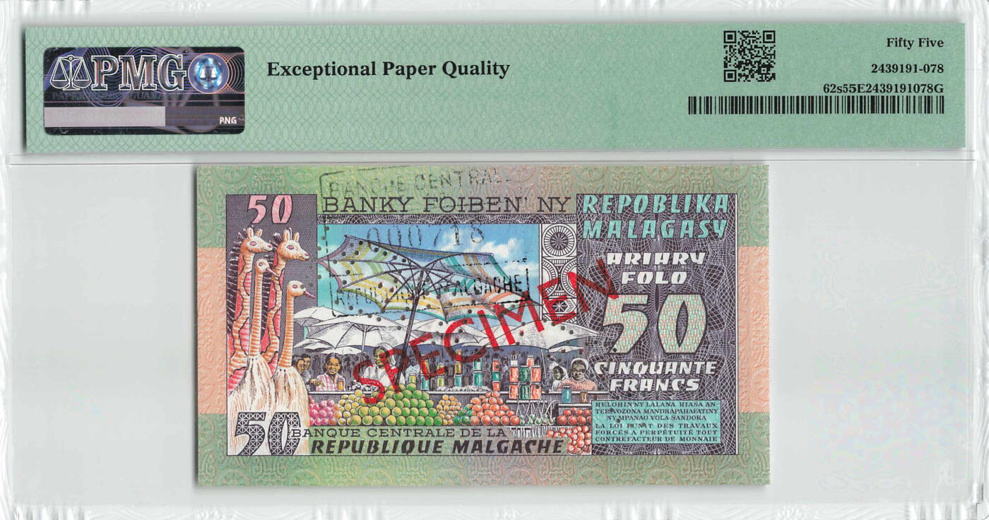 小福收藏拍卖第200期 【庆典场 中拍就有好礼相赠】评级币精选场 本期有捷克斯洛伐克20年100克朗慕夏作品大珍 69分倒置百位号布隆迪世界最大纸币  35年版加拿大经典 苏格兰格拉斯哥大学500年纪念钞倒置小号 卡塔尔80年100里亚尔冠军分 美国教育券 意大利拉斐尔 乌克兰 库克群岛 墨西哥 南斯拉夫 亚美尼亚等多国精美高分珍稀老钞精品纸币 马达加斯加 1974-75年 50法郎 样钞 718号 PMG55 EPQ 