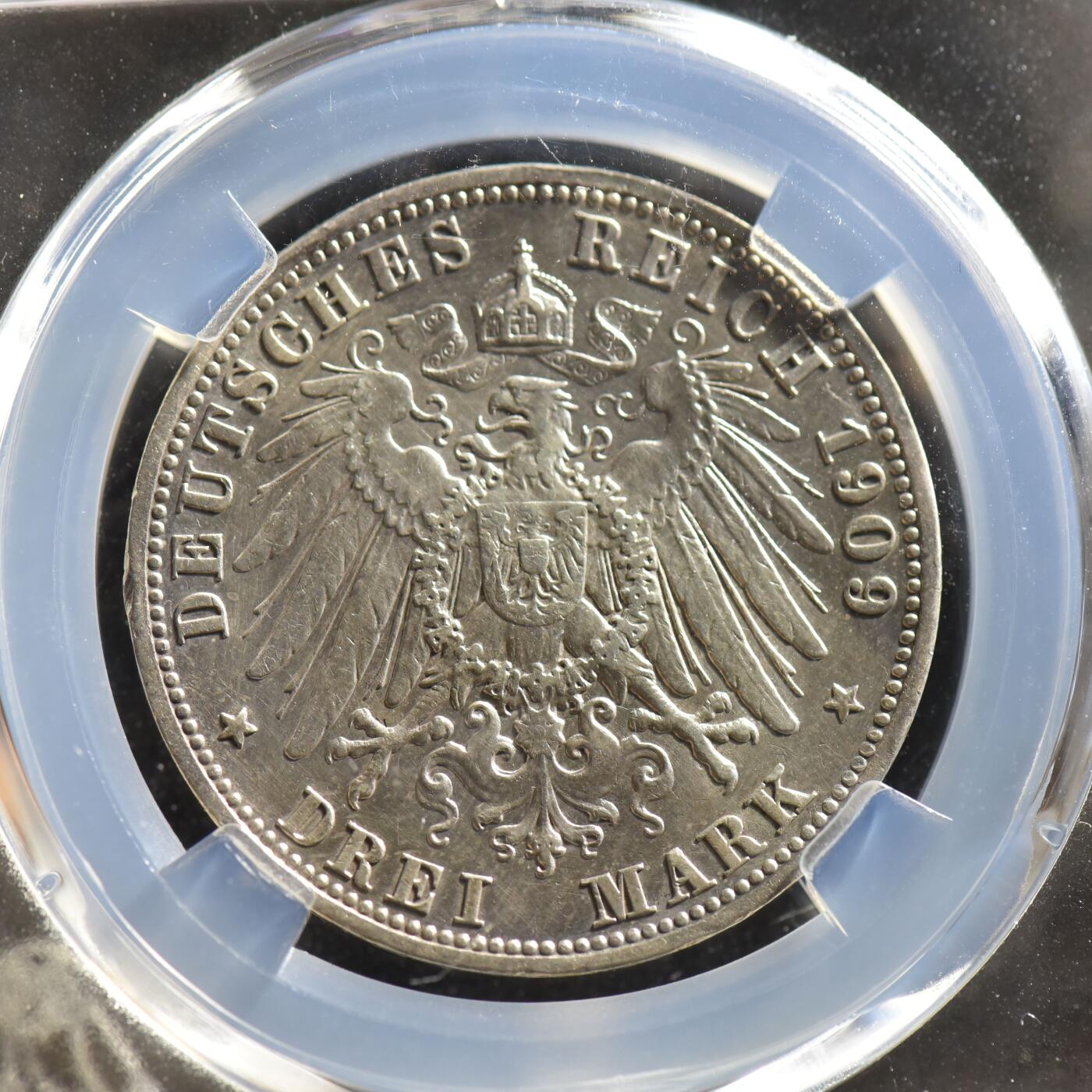 【良泉】【春节前最后一场】2月5日晚19.30点开拍！208组，本场结束后预存钱币的朋友请告知，将连同本场拍品一起邮寄，预祝诸位春节愉快！ 【藏家出品C】巴伐利亚王国3马克银币  1909年国王奥拓一世，16.68克