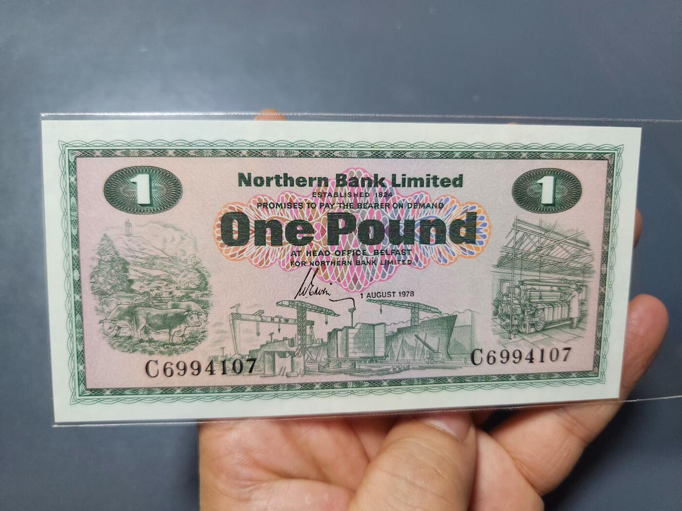 1月13号晚上8点 外国纸币自动截拍第8场 全新UNC  北爱尔兰 1978年 1镑 纸币