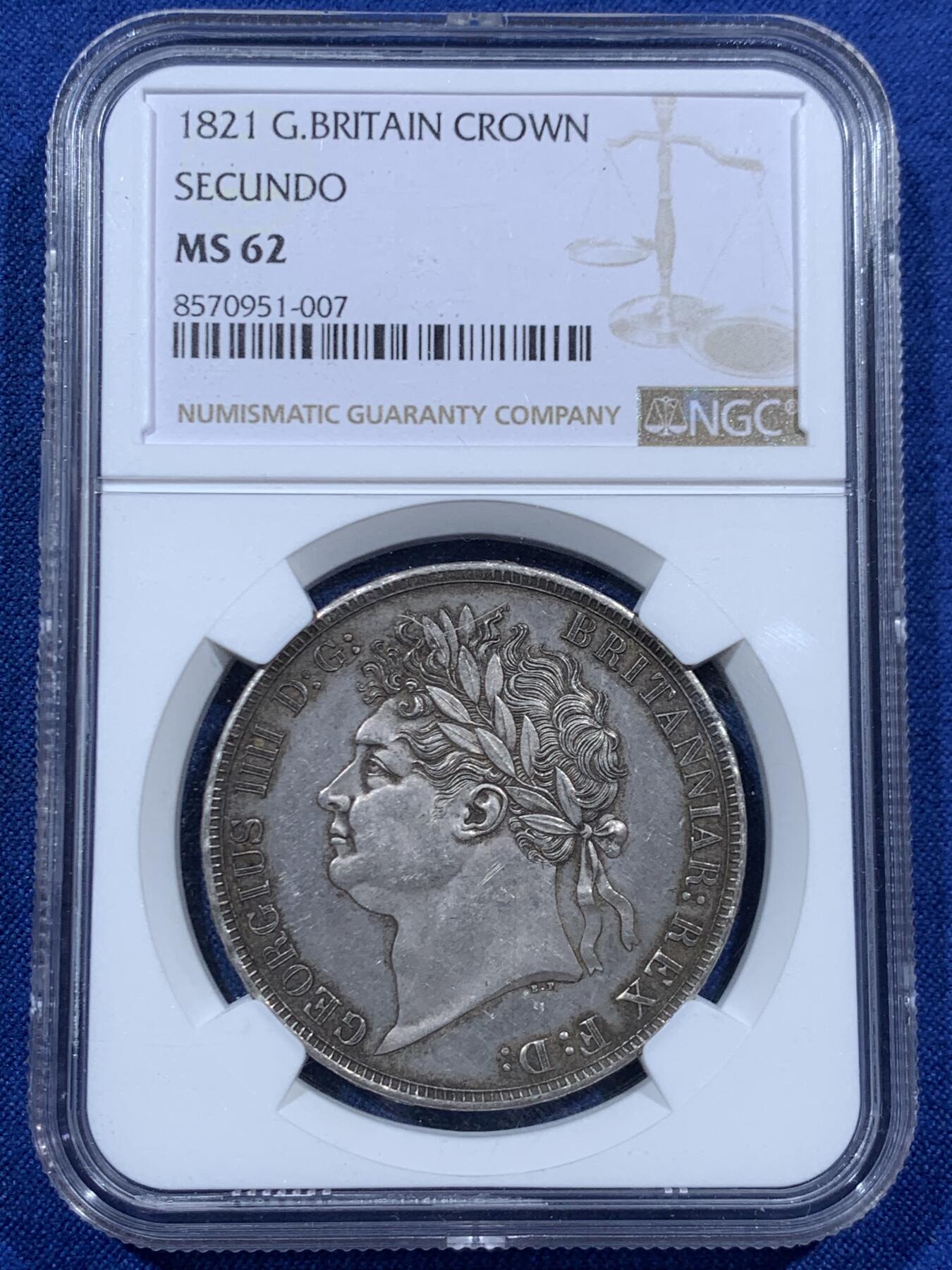《竞宝斋》第457场 周日，周一，周二   3场连拍 （全场包邮）欢迎送拍 NGC MS62 英国1821年乔治四世马剑银币 SECUNDO 味道一流