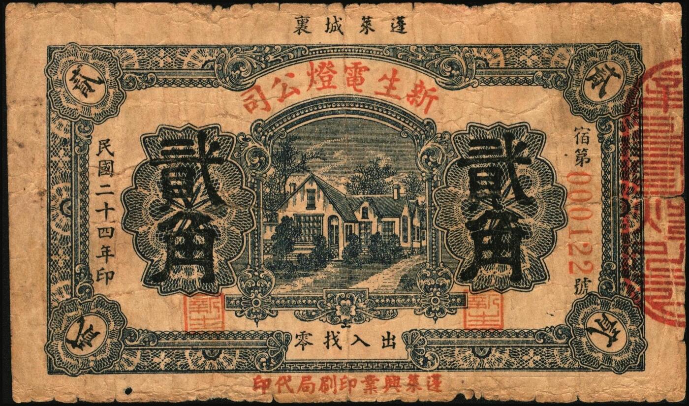 宜和2025年秋季拍卖 纸币 民国钱庄票一组6枚，其中：山东①巨野·福德号1931年壹角；蓬莱②新生电灯公司1935年贰角；③双和永1938年叁角；潍坊④昌邑·福德祥贰角；⑤昌乐县流通券1942年伍圆；⑥广东揭阳·倪炳发镭票1929年伍拾枚；六至九八品