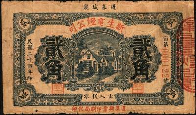 宜和2025年秋季拍卖 纸币 民国钱庄票一组6枚，其中：山东①巨野·福德号1931年壹角；蓬莱②新生电灯公司1935年贰角；③双和永1938年叁角；潍坊④昌邑·福德祥贰角；⑤昌乐县流通券1942年伍圆；⑥广东揭阳·倪炳发镭票1929年伍拾枚；六至九八品