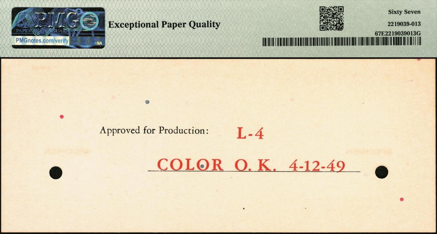 宜和2025年秋季拍卖 纸币 民国三十八年（1949年）中央银行金圆券保安版伍万圆单面样本券，正背共2枚，未正式发行，罕见；均为PMG 67 EPQ