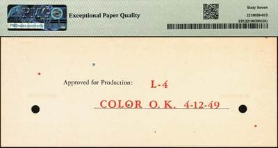 宜和2025年秋季拍卖 纸币 民国三十八年（1949年）中央银行金圆券保安版伍万圆单面样本券，正背共2枚，未正式发行，罕见；均为PMG 67 EPQ