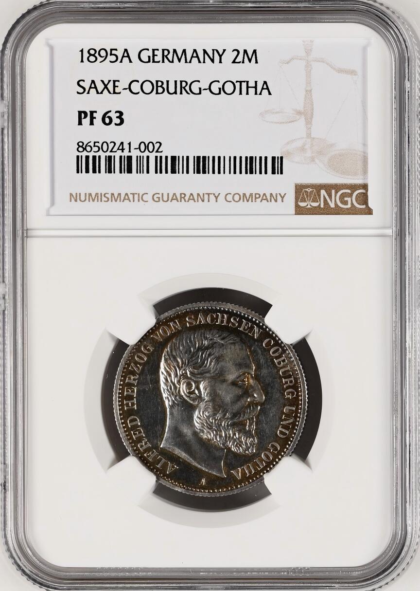 NGC-PF63 1895 德国萨克森-科堡-哥达2马克精制银币