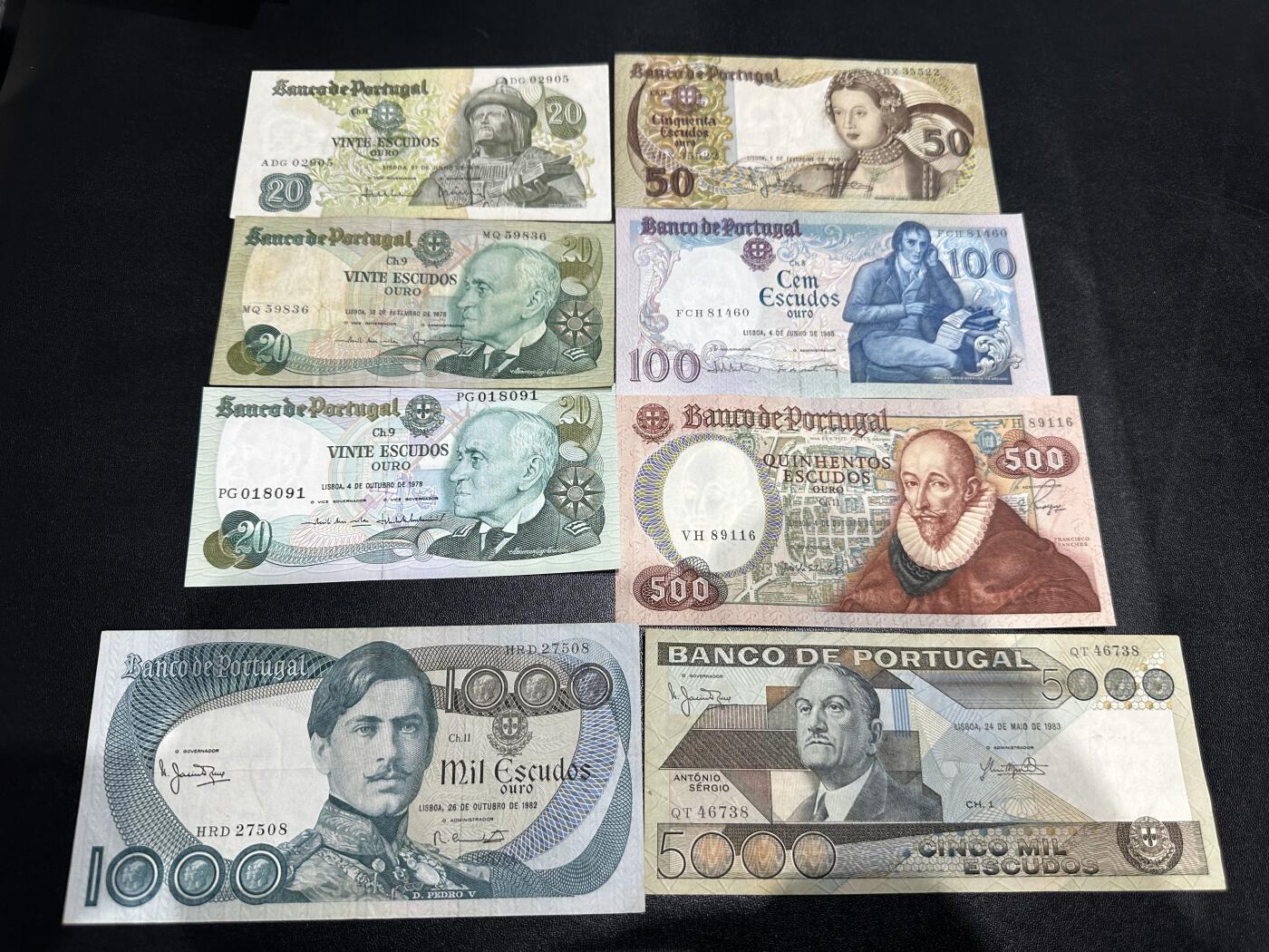 《外钞收藏家》第六百零二期（精品场）（本平台长期征集拍品、欢迎藏友们联系合作） 葡萄牙20-5000面额 八张一起 非全新 品相如图