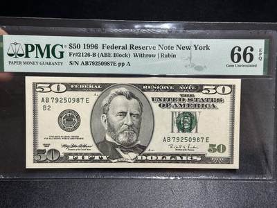 《外钞收藏家》第六百零二期（精品场）（本平台长期征集拍品、欢迎藏友们联系合作） - 1996年美国大头版50美元 PMG66 尾987