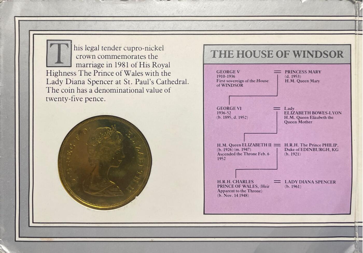 回流0119 1981年英国查尔斯王子与戴安娜王妃婚礼纪念25便士克朗币官方卡装版（卡套6成新有磨损，币封装无损）