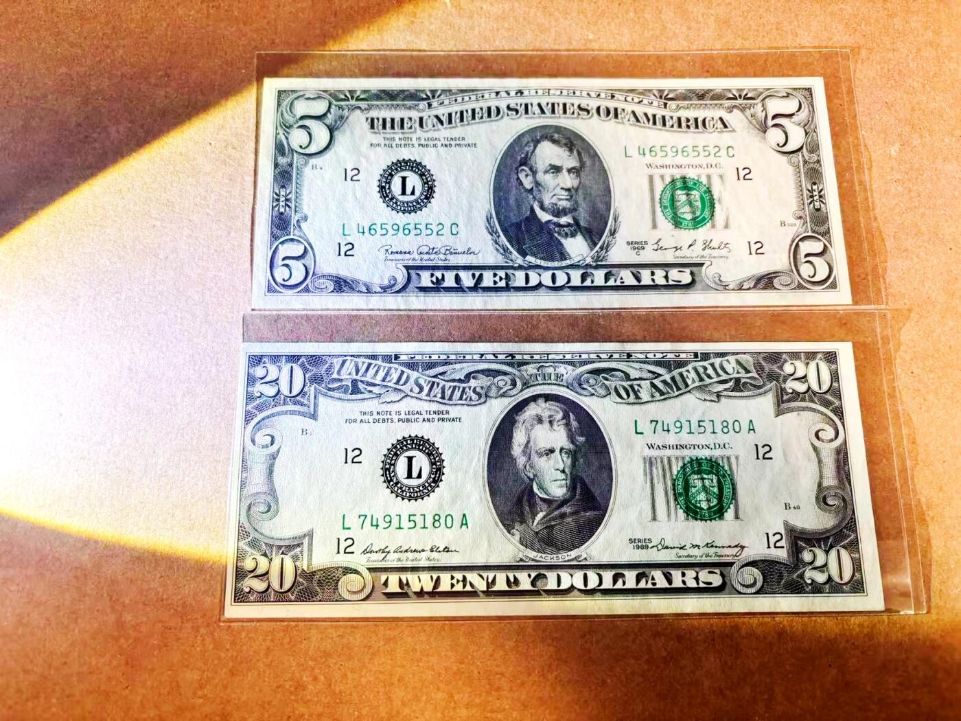 【Blue Auction】世界纸币精拍第775期——18级TOP拍卖/信誉/品质/专业/高效💫 【一组2张】美国 1969年5-20美金 AU+/UNC-