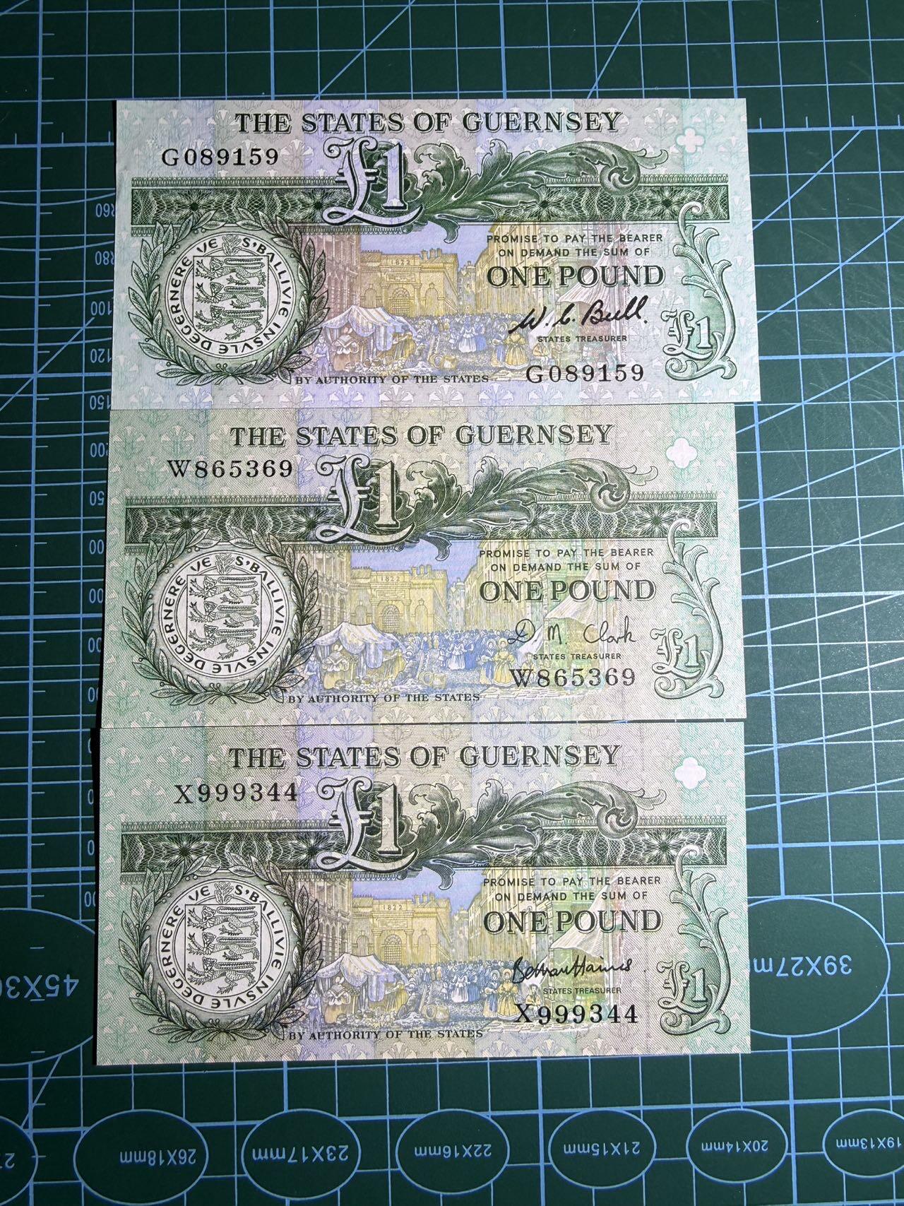 【炜奕收藏】，第五十七期，英联邦女王专场 根西岛1镑3张不同签名，包含初版大票幅，UNC-/UNC品相，包含两张无47