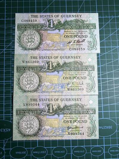 【炜奕收藏】，第五十七期，英联邦女王专场 - 根西岛1镑3张不同签名，包含初版大票幅，UNC-/UNC品相，包含两张无47