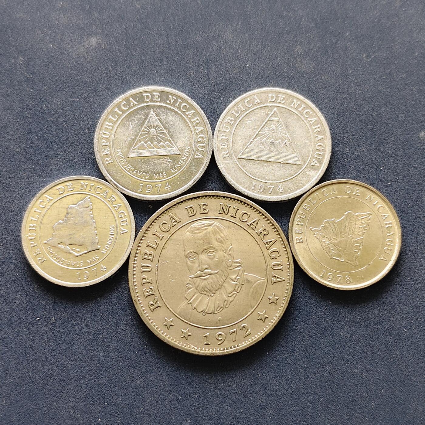 【全场包邮】纯粹捡漏拍494场 尼加拉瓜1972-1978年5枚一组-含1974年2枚FAO加字纪念币+1974/1978年2枚流通币