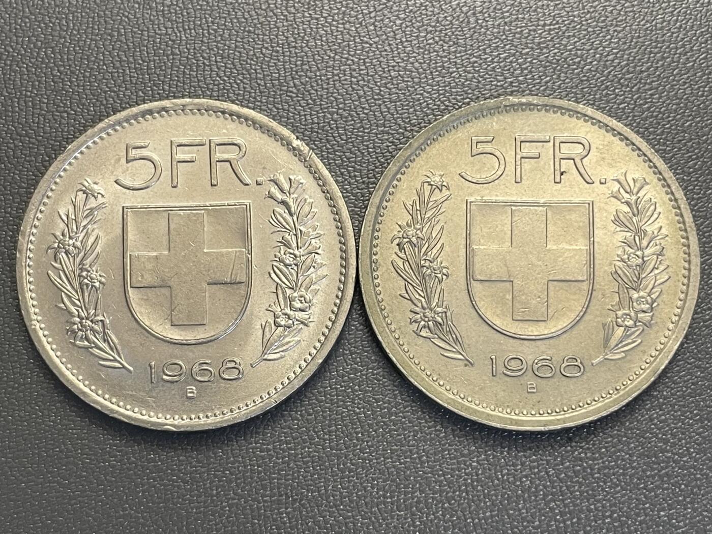 回流0119 瑞士1968年5瑞士法郎2枚 瑞士拟人象征：海尔维蒂娅（Helvetia）